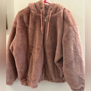 Dusty Rose Faux Fur Women’s Full Ship Hoodie Size 1X Pink Cozy